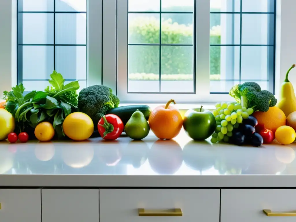 Una impresionante variedad de frutas y verduras frescas dispuestas en un patrón simétrico en una encimera blanca moderna, bañadas por la luz natural