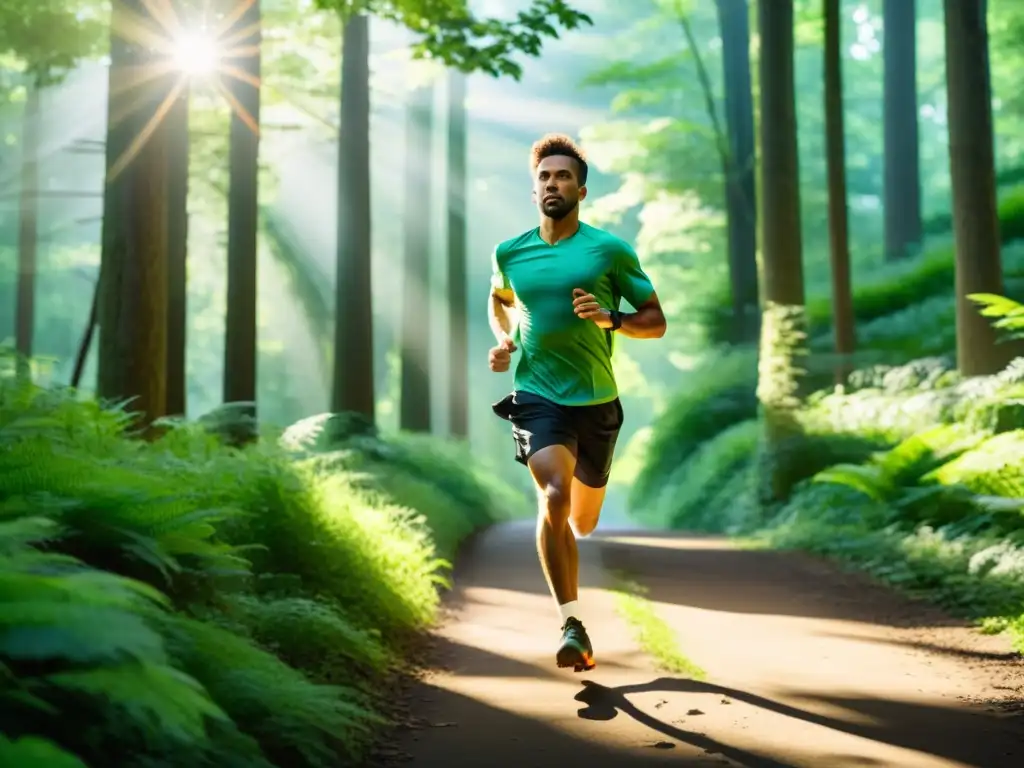 Influencia del jogging en sistema inmunológico: Corredor en bosque, vitalidad y determinación entre árboles iluminados por el sol