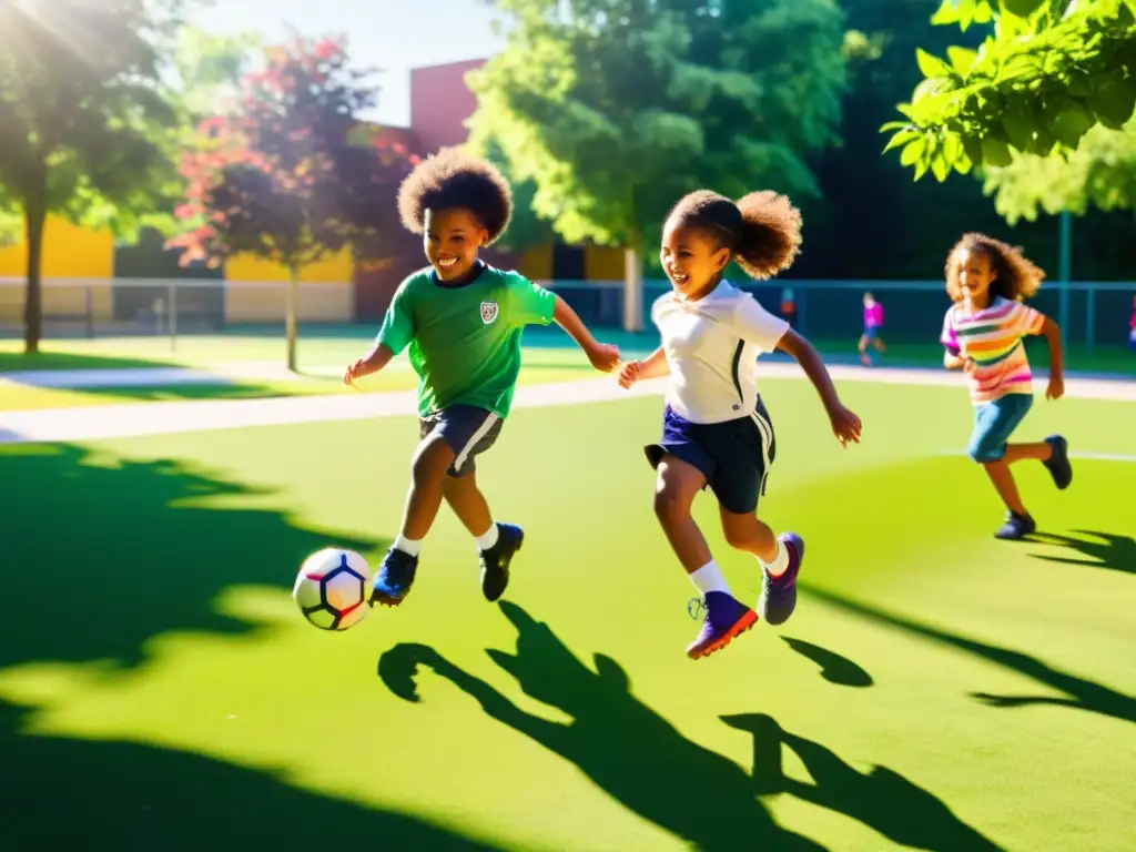 Inmunidad infantil: niños felices juegan al aire libre en un ambiente escolar saludable, rodeados de naturaleza y sol