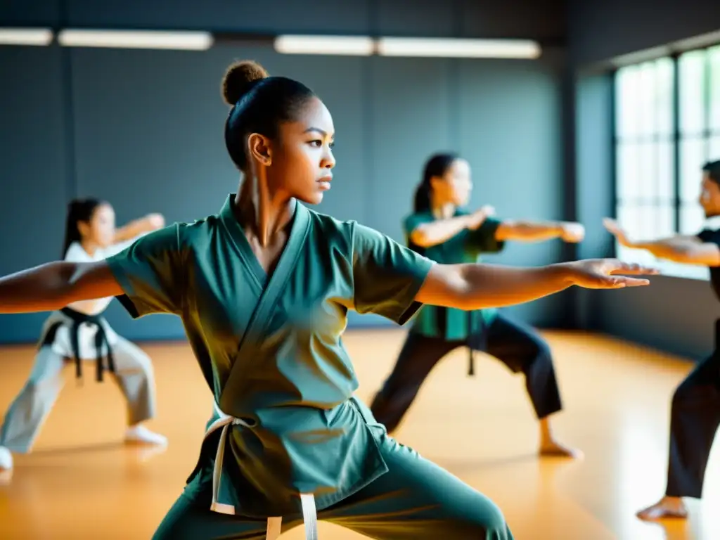 Un instructor de artes marciales guía a sus estudiantes en un estudio luminoso, transmitiendo disciplina y fuerza