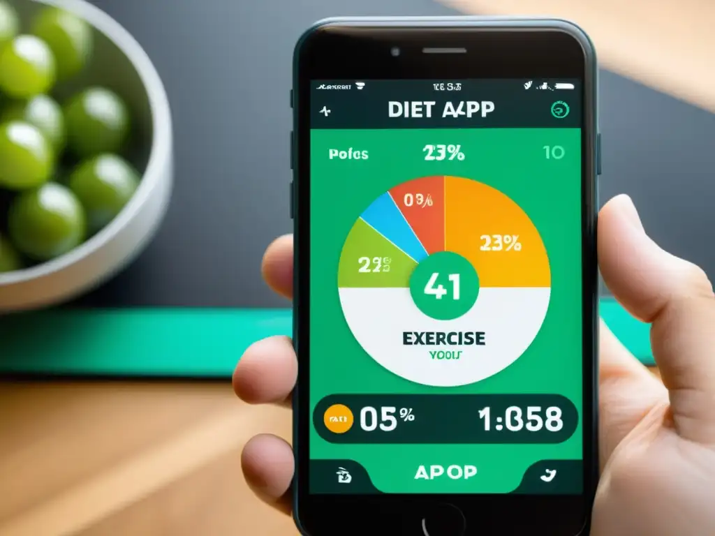 Interfaz de app de dieta y ejercicio con gráficos detallados, información nutricional y diseño profesional