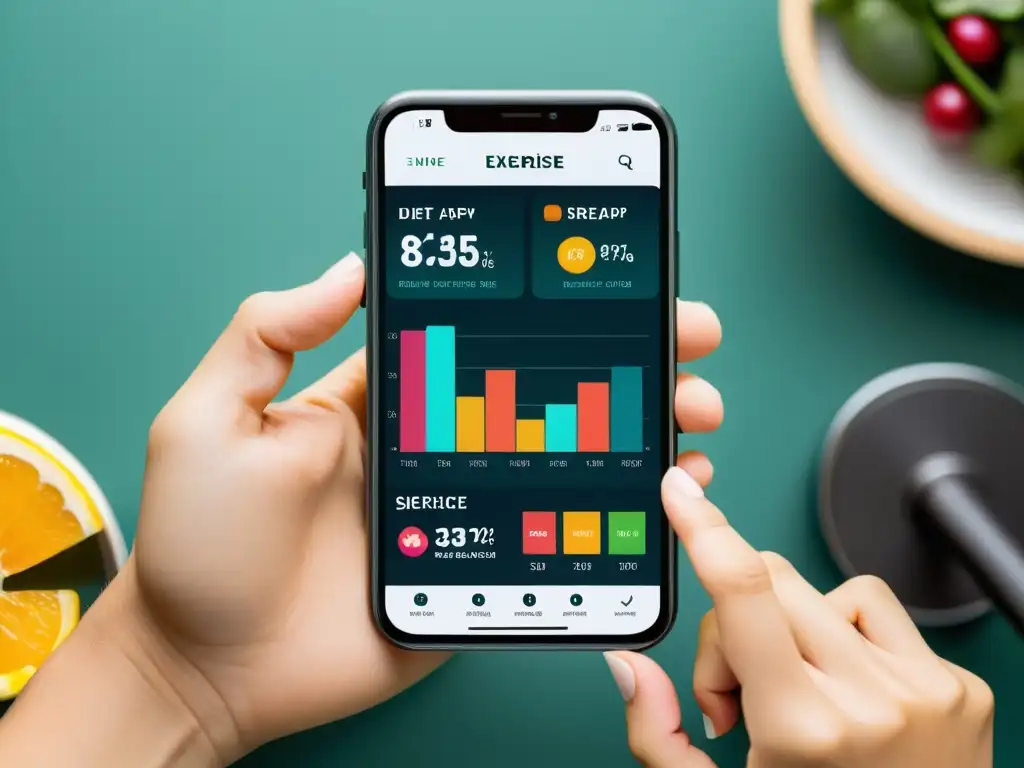 Interfaz de app de dieta y ejercicio con información basada en evidencia, gráficos y referencias científicas
