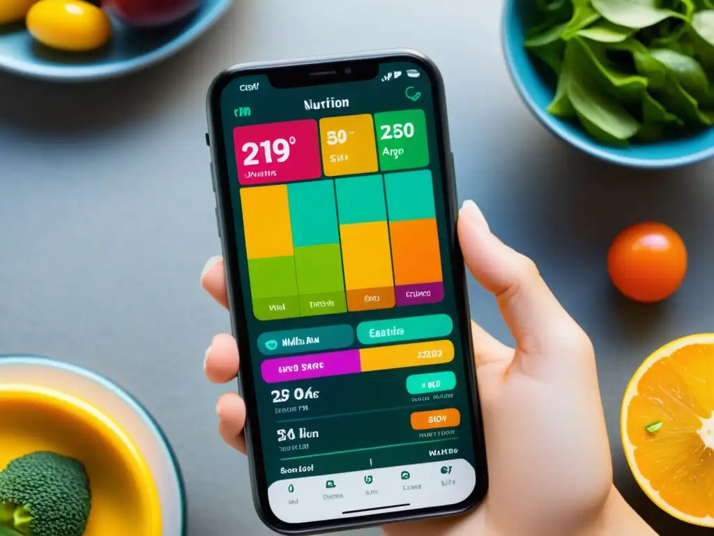 Interfaz de app de dieta y ejercicio con gráficos coloridos y contenido educativo, basada en información nutricional y de fitness