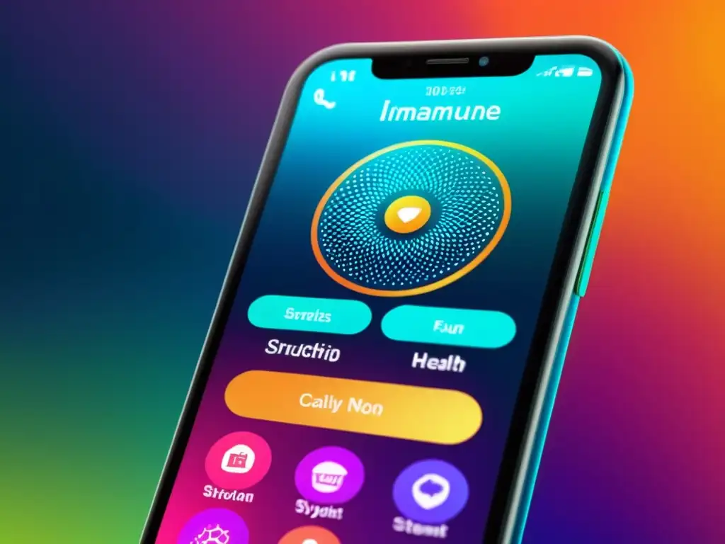 Interfaz de app futurista en pantalla de smartphone, con herramientas para fortalecer el sistema inmunológico