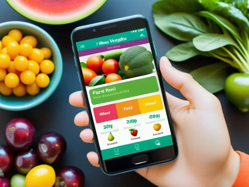 Interfaz de app de inmunonutrición, con gráficos vibrantes de alimentos