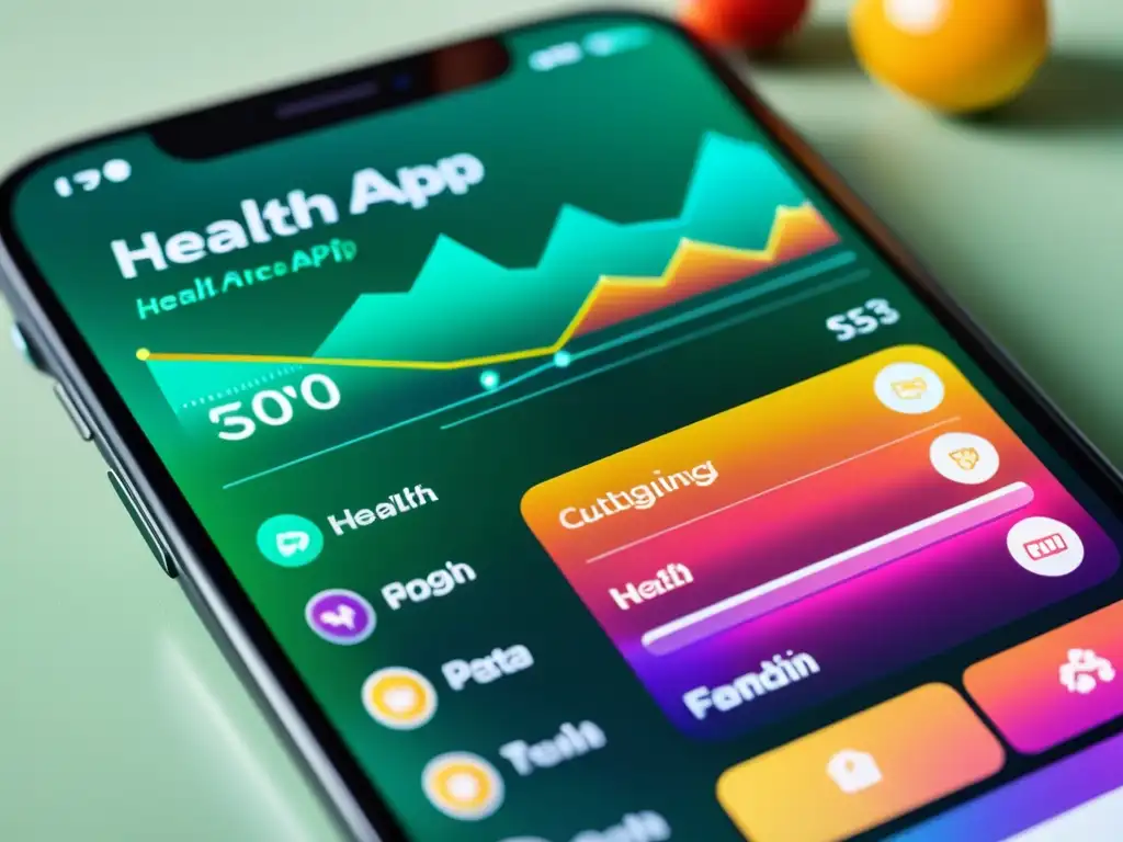 Interfaz de app de salud inmunitaria con diseño moderno y colores vibrantes, gráficos interactivos y ambiente profesional tranquilo