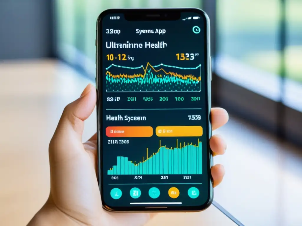 Interfaz de app de salud inmunitaria con gráficos de células y visualizaciones de datos