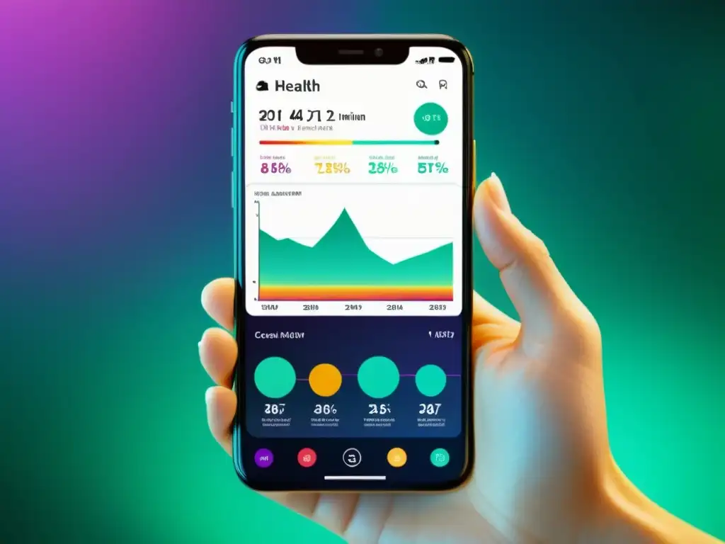 Interfaz de app de salud inmunológica con gráficos vibrantes y diseño moderno