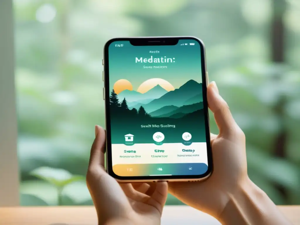 Interfaz de app de meditación en smartphone, resalta calma y serenidad