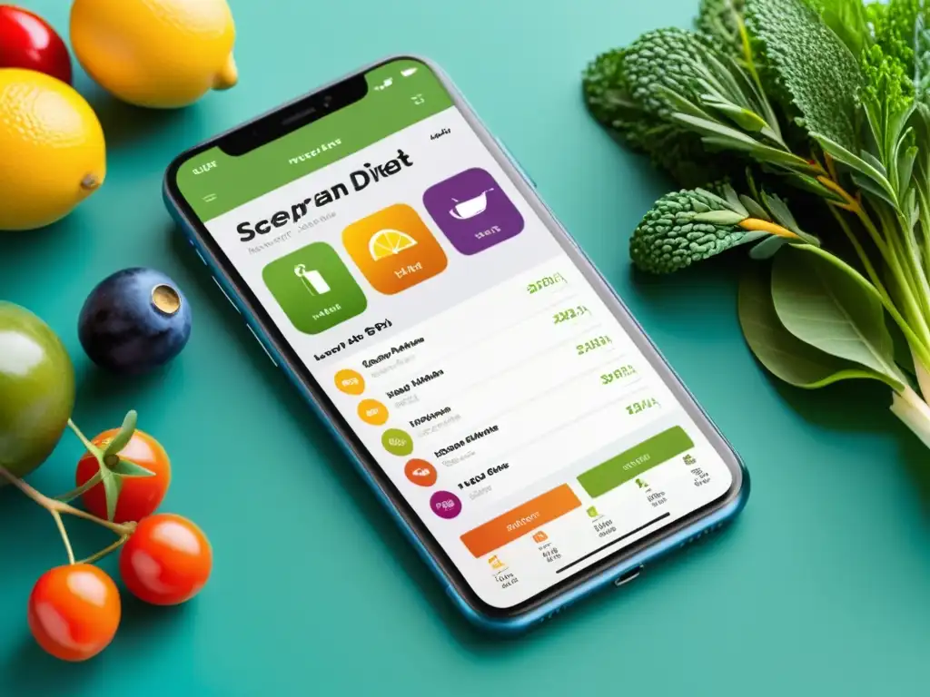 Interfaz de app vibrante y moderna de dieta mediterránea para fortalecer el sistema inmune con frutas frescas, verduras y proteínas magras