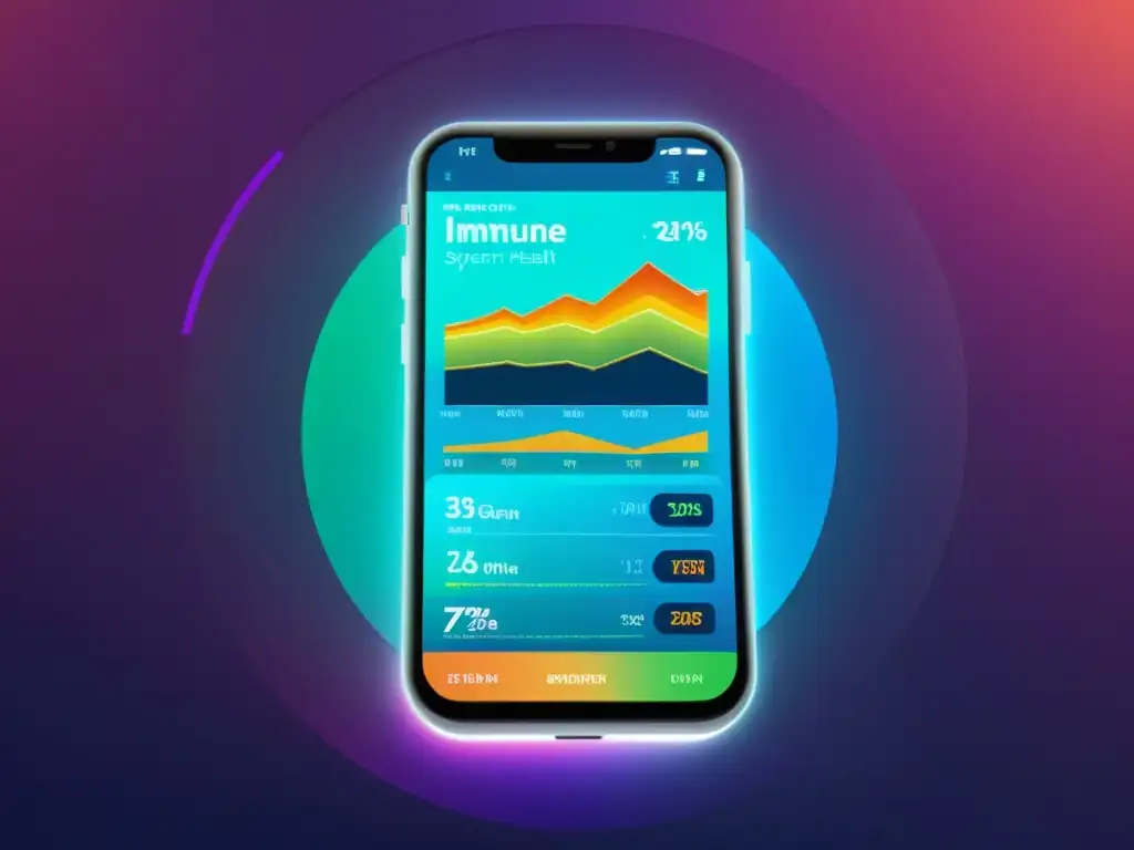 Interfaz futurista de app móvil muestra visualización detallada y colorida de métricas de salud inmunológica