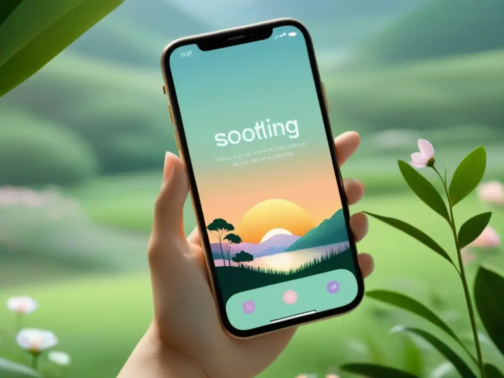 Interfaz minimalista de app de meditación con paleta de colores suaves y naturaleza relajante