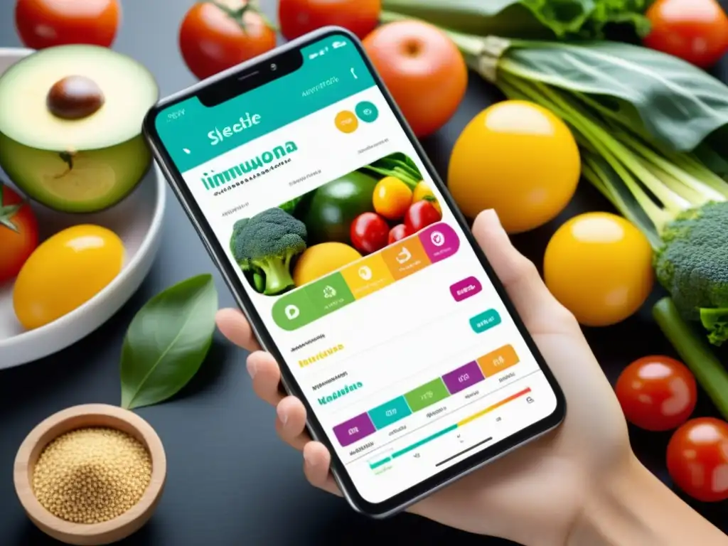 Interfaz moderna de app de inmunonutrición para fortalecer sistema inmunológico con gráficos vibrantes y alimentos saludables