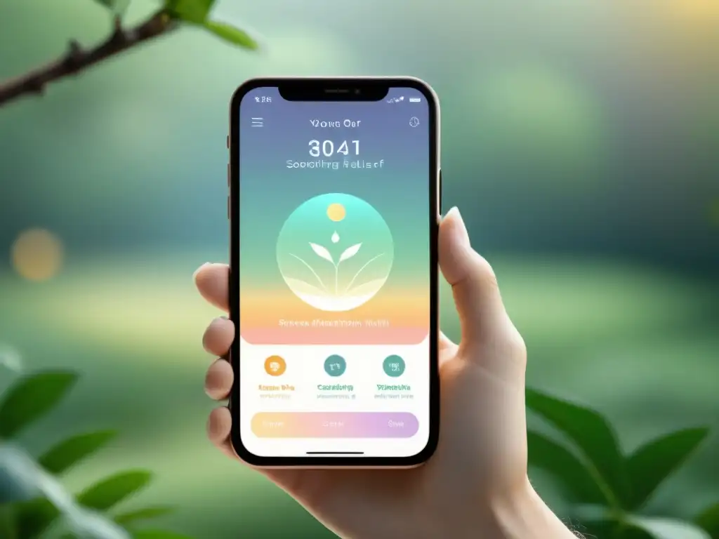 Interfaz serena de app para fortalecer sistema inmunológico en smartphone de alta resolución, con colores pastel y diseño minimalista