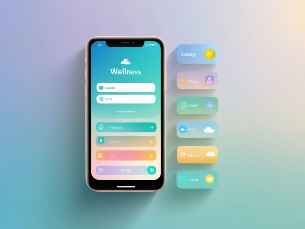 Interfaz serena de celular con apps de bienestar, incluyendo guías de meditación, rastreadores de ejercicio y diarios de salud mental