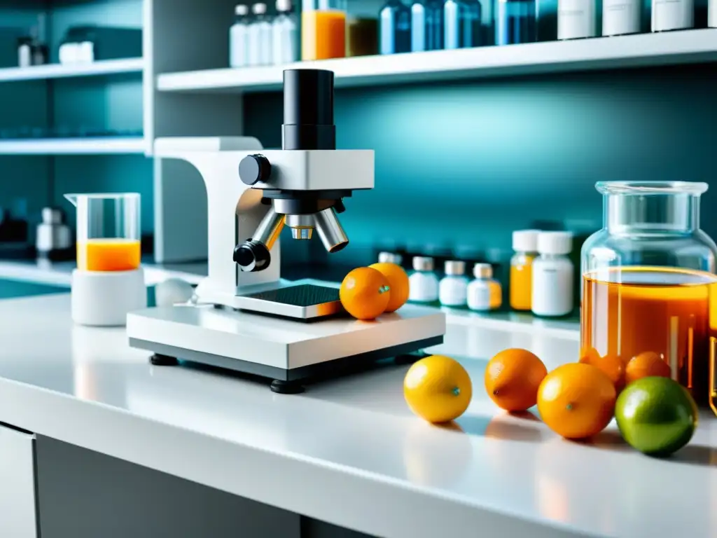 Un laboratorio científico moderno y profesional con suplementos de vitamina C y un microscopio de alta potencia