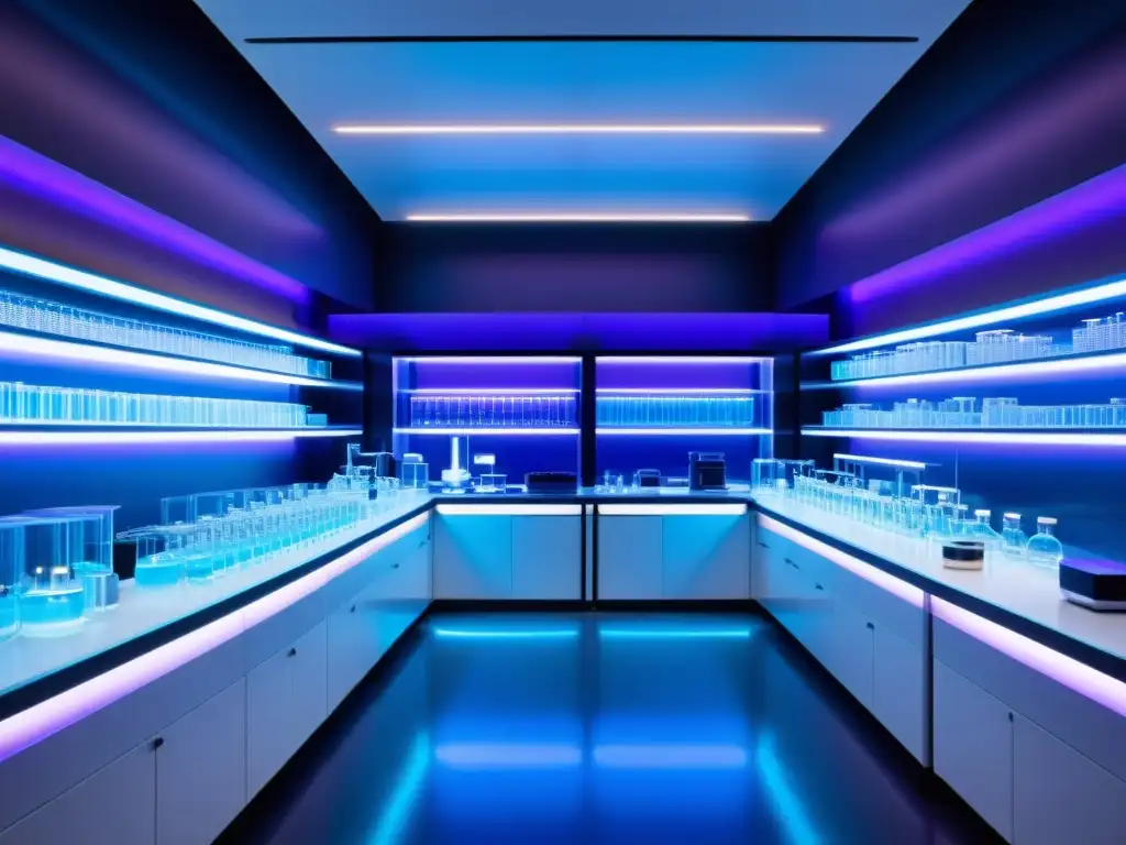 En un laboratorio futurista, científicos manipulan ADN bajo luces LED azules y púrpuras