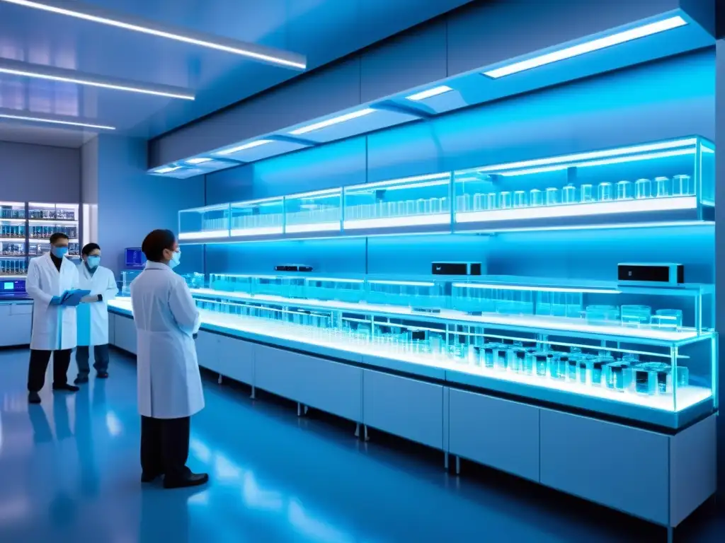 En un laboratorio futurista, científicos manipulan ADN bajo una suave luz azul