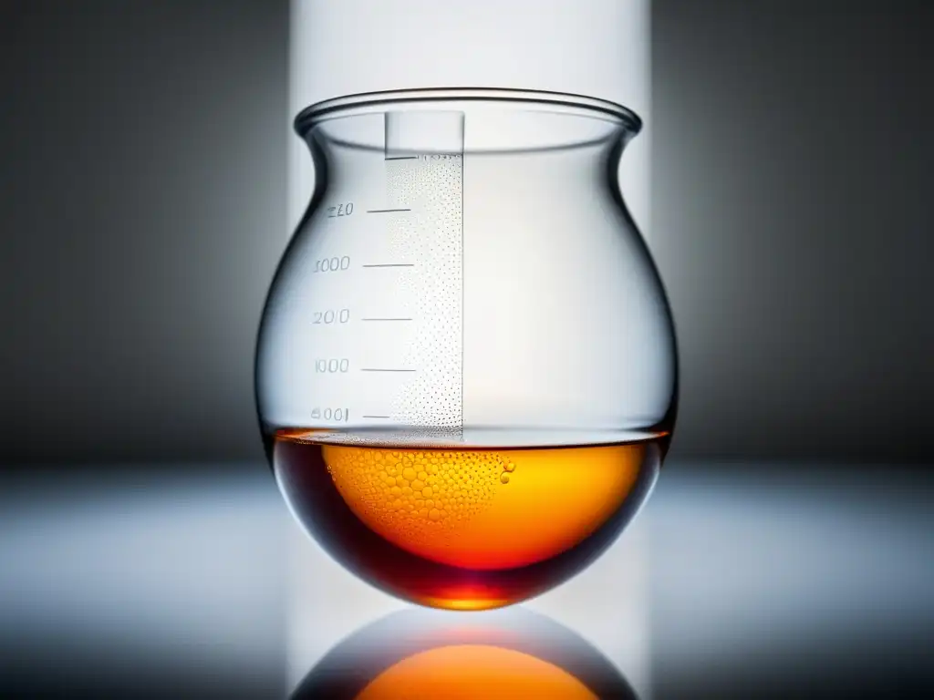 Beaker de laboratorio con líquido naranja translúcido y burbujas de aire, reflejando la luz de manera cautivadora