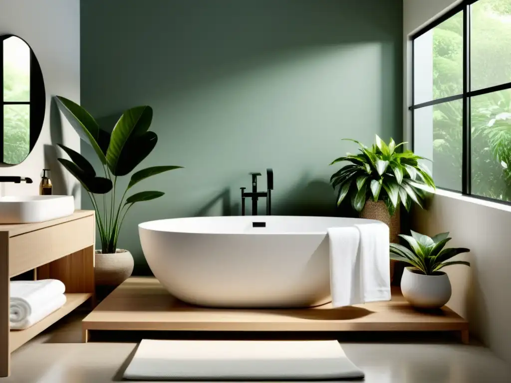 Limpieza corporal sistema inmunológico: Baño moderno con luz natural, bañera minimalista rodeada de plantas verdes y toallas blancas