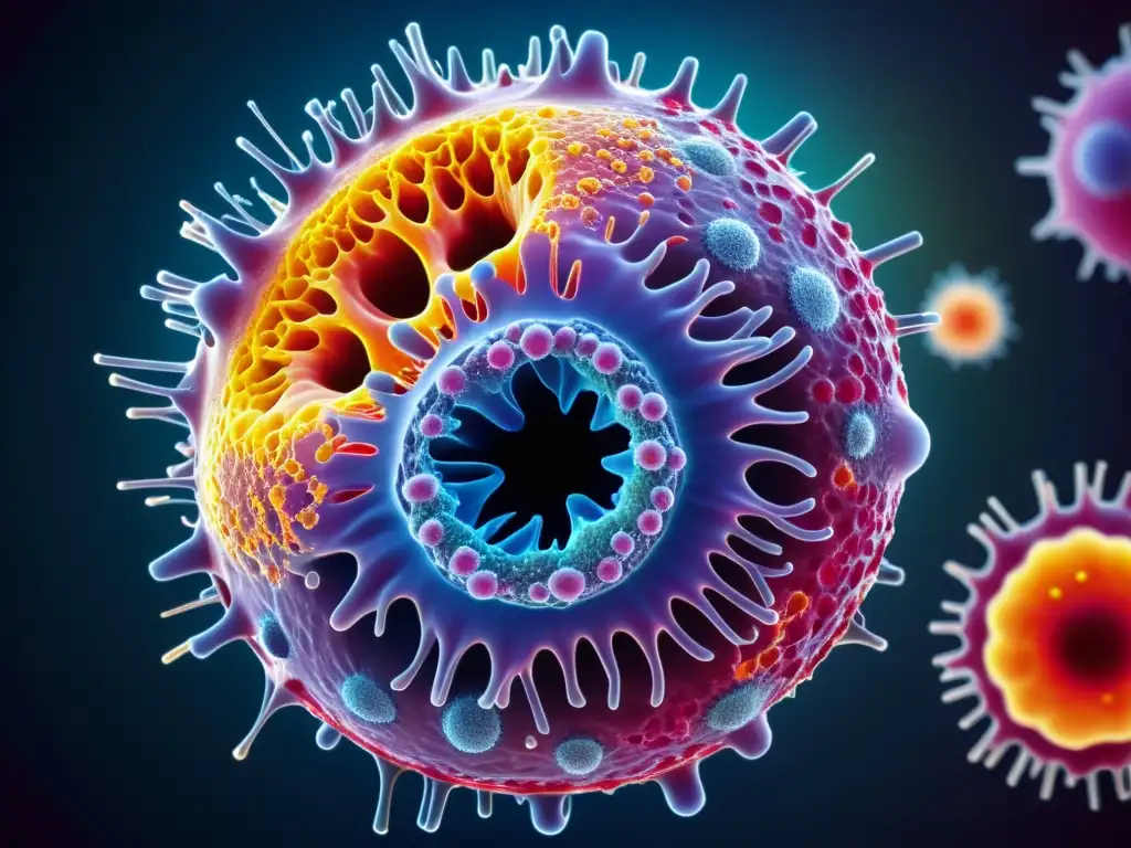 Un macrofago en acción, devorando un patógeno con colores vibrantes y detalles celulares, revelando la función de los macrófagos en inmunidad