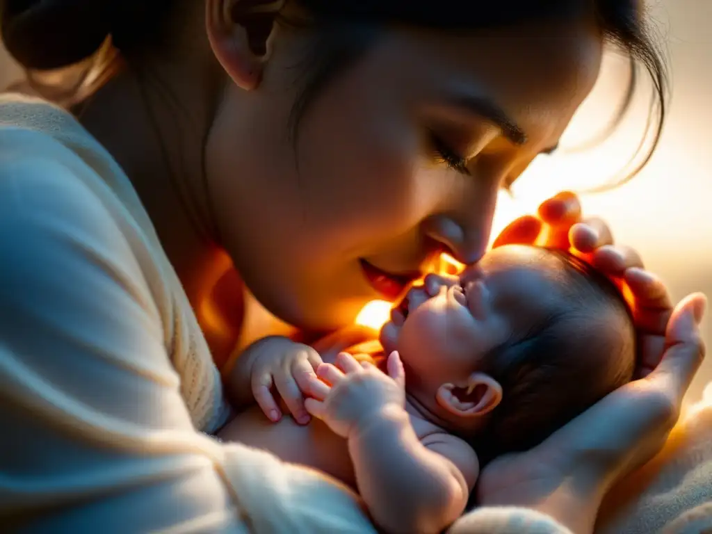 Una madre sostiene a su bebé mientras amamanta, con una luz cálida iluminando el íntimo momento