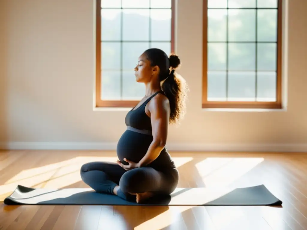 Una madre embarazada realiza yoga prenatal en un estudio luminoso, transmitiendo fuerza, equilibrio y la belleza del embarazo