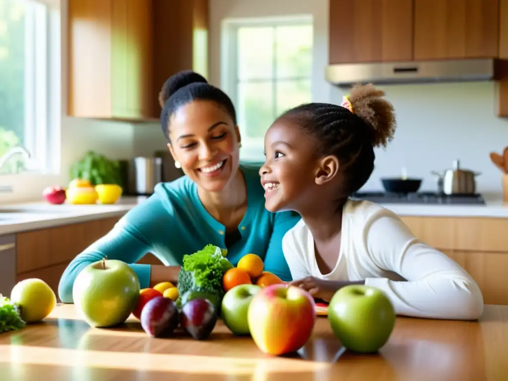 Una madre y su hijo comparten una comida saludable en una cocina iluminada, rodeados de frutas, verduras y granos enteros