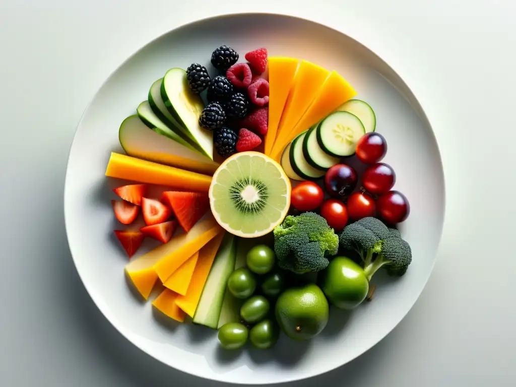 Una mandala de frutas y verduras frescas en un plato blanco, resaltando los beneficios de los probióticos para el sistema inmunológico