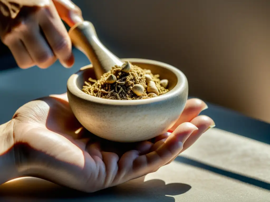 Una mano sostiene una bandeja de raíces de ginseng con un mortero y un mano de mortero de mármol, todo con una suave iluminación natural