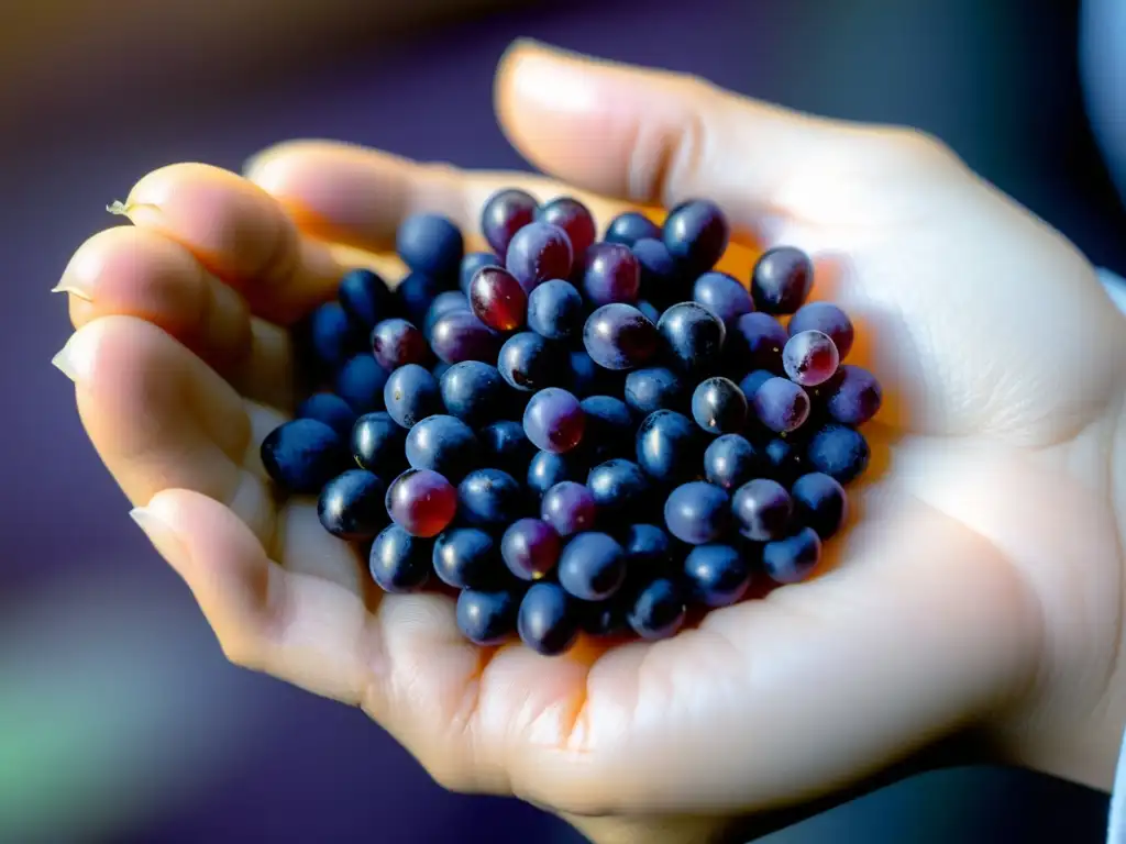 Mano en bata blanca sostiene semillas de uva púrpura, resaltando textura y beneficios antioxidantes