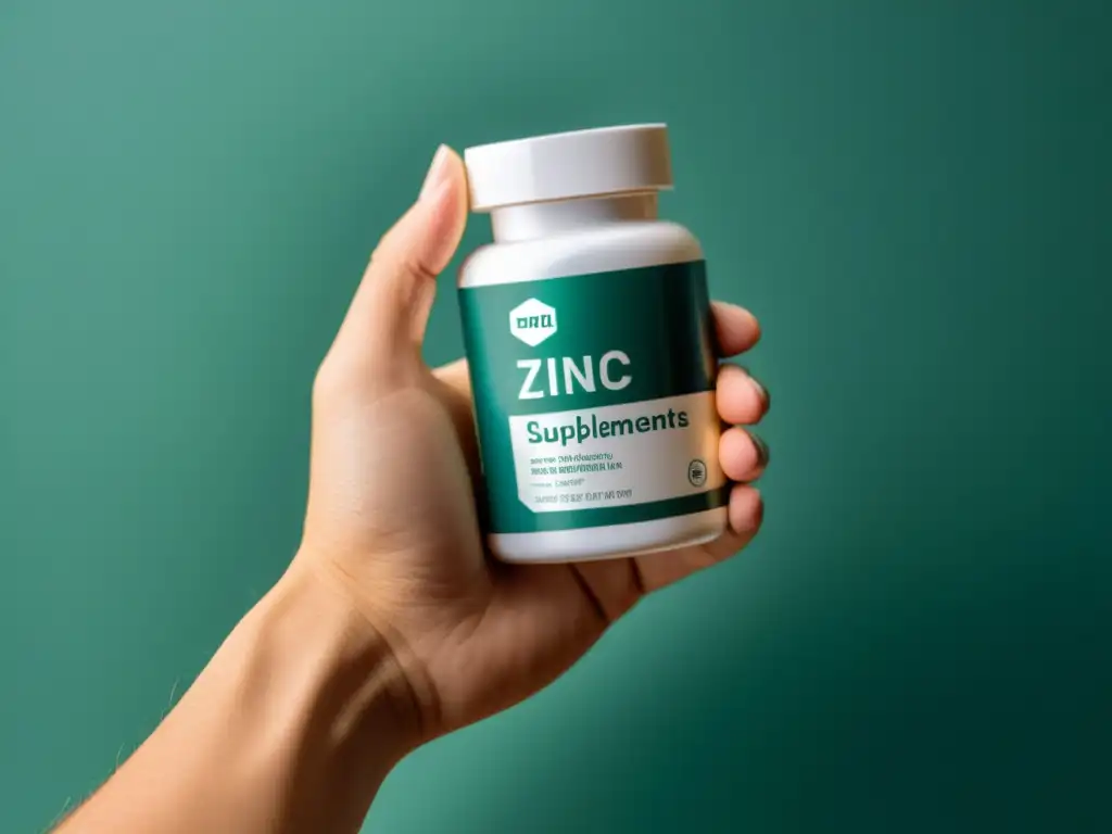 Una mano sostiene firmemente una botella de suplementos de zinc para inmunidad, con un diseño moderno y luz suave