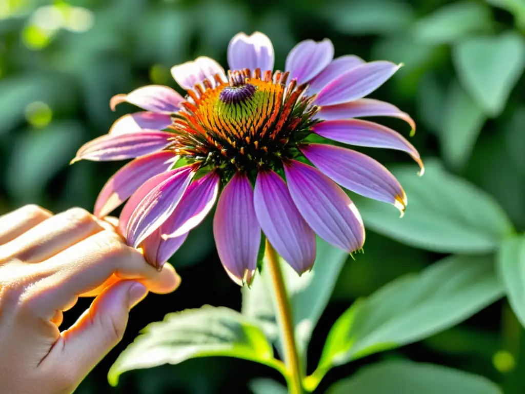 Mano sostiene flor morada de equinácea, resaltando su belleza y beneficios para el sistema inmunitario