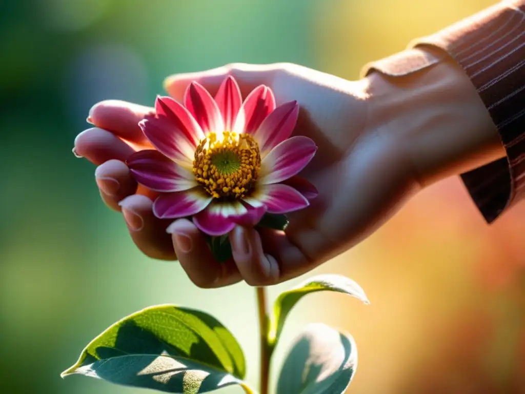 Una mano alcanza una flor en plena floración, iluminada por el sol