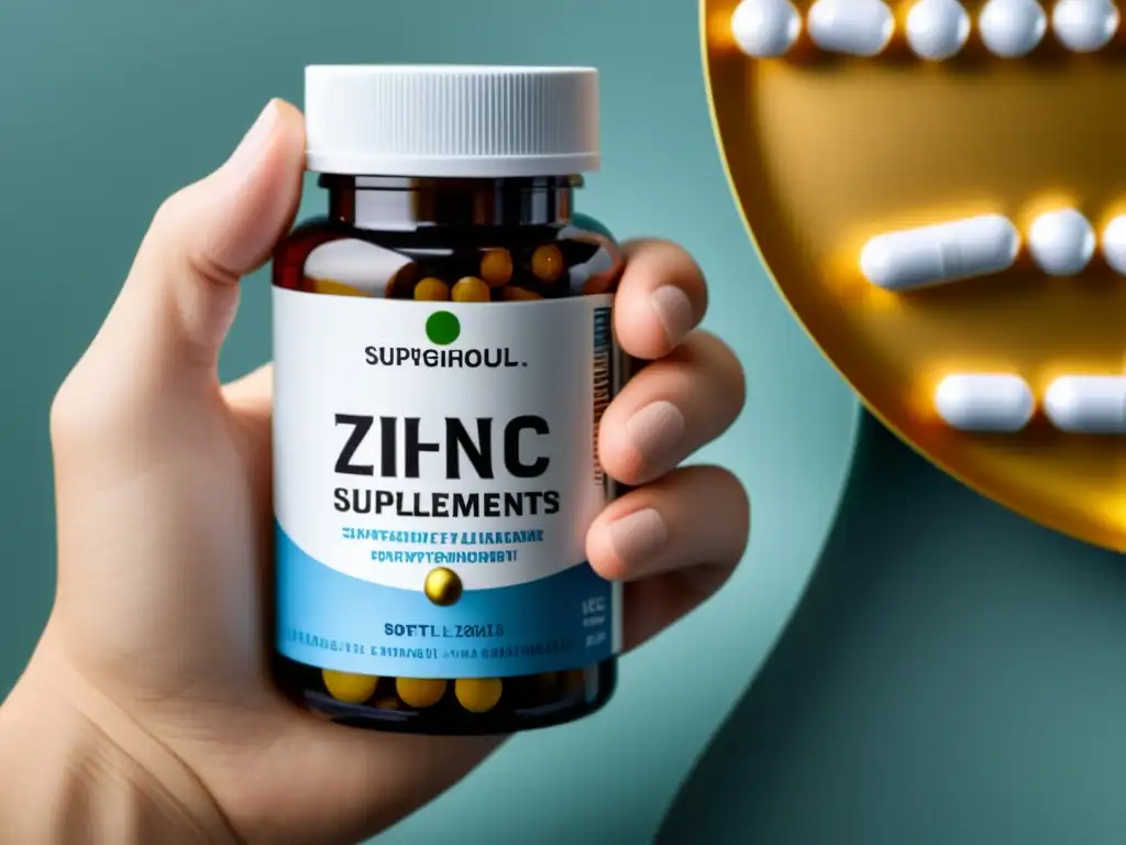 Una mano sostiene un frasco de suplementos de zinc para inmunidad, con detalles nítidos y fondo limpio