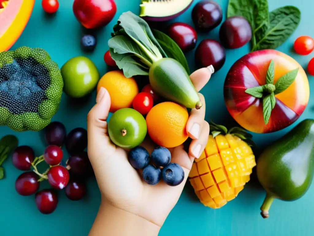 Mano sostiene frutas y verduras coloridas, mostrando su diversidad y belleza natural, con impacto en el sistema inmunológico