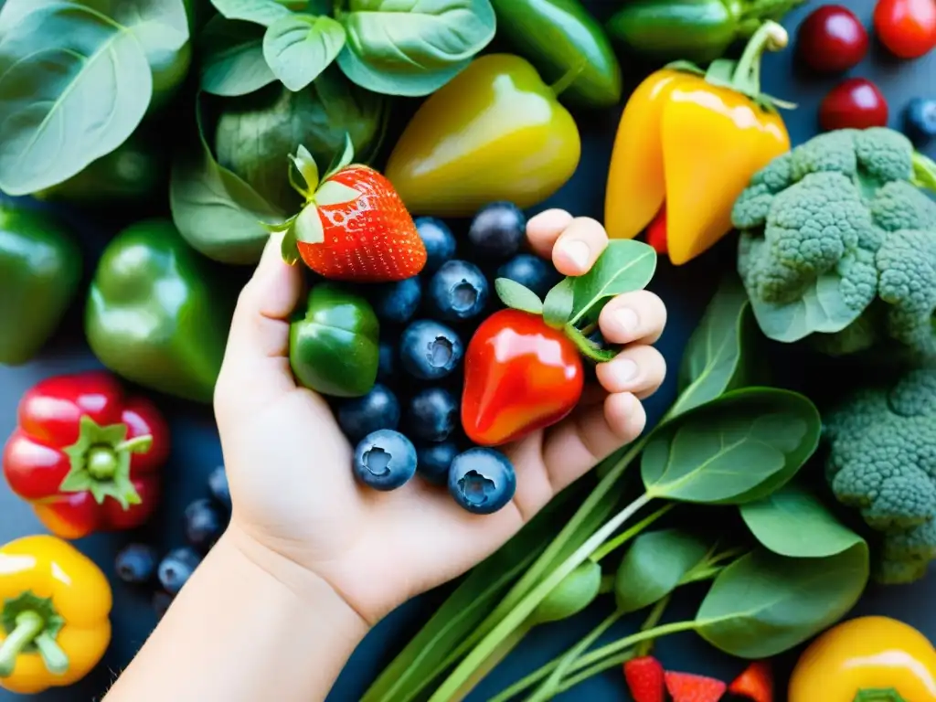 Una mano sostiene frutas y verduras coloridas, destacando su belleza y valor nutricional