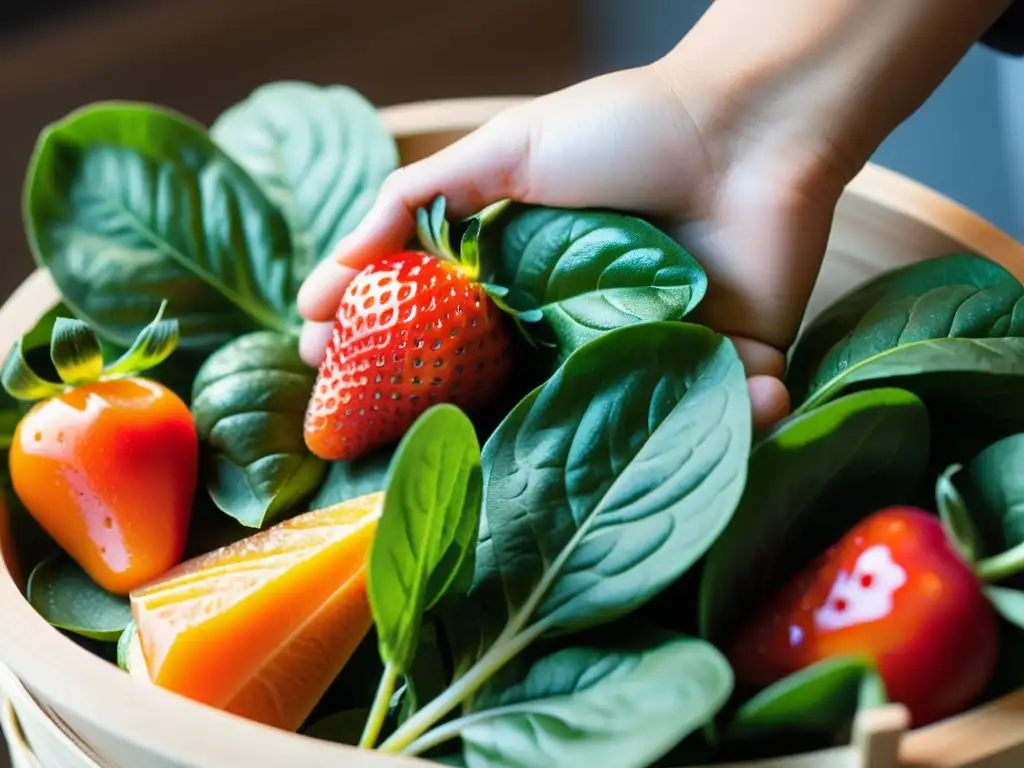 Mano sostiene frutas y verduras coloridas, vibrantes y frescas