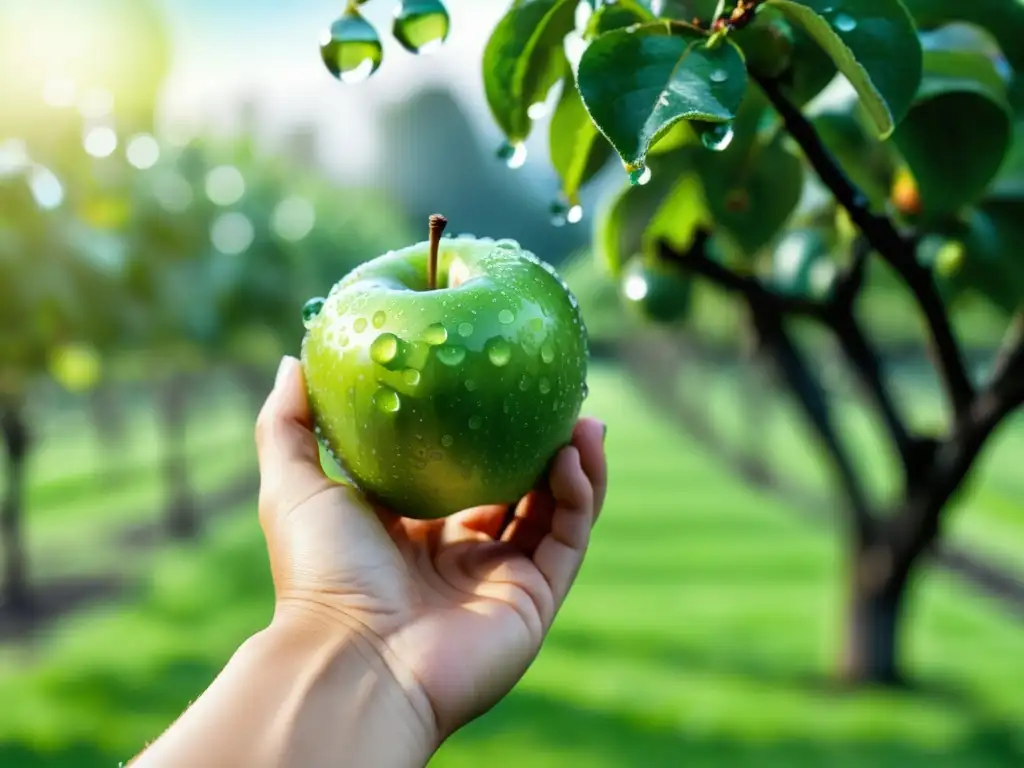 Mano humana sosteniendo una manzana verde con efectos de pesticidas y gotas de agua, en un huerto vibrante