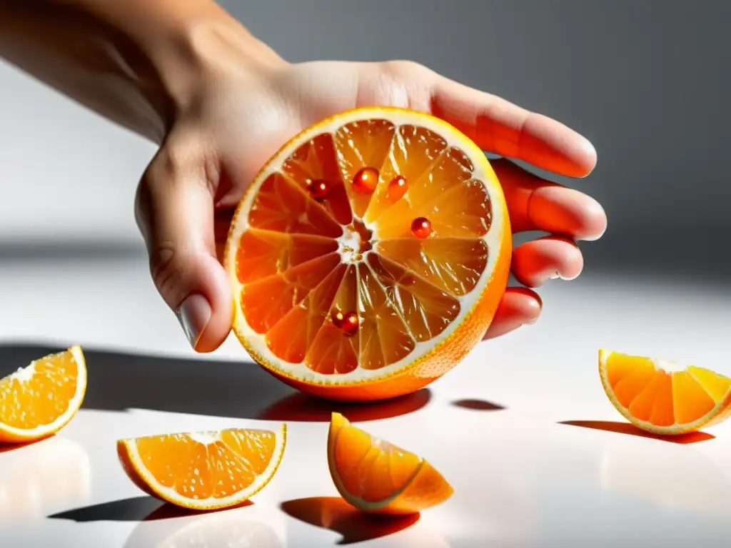 Mano sostiene naranja jugosa, liberando cápsulas de vitamina C