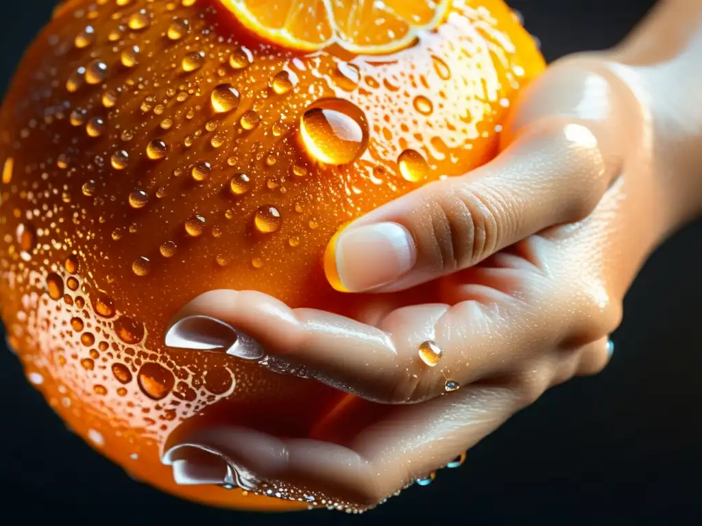 Mano sosteniendo una jugosa naranja con gotas de agua, reflejando vitalidad y frescura