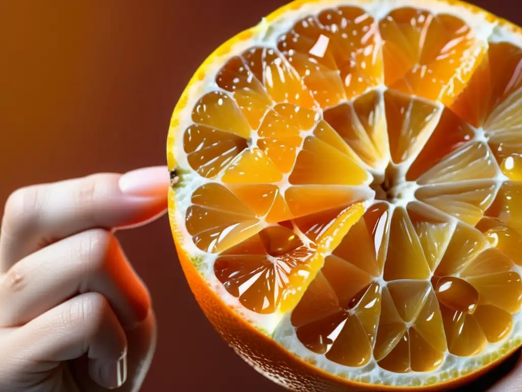 Mano sostiene mitad de naranja jugosa, con semillas brillantes