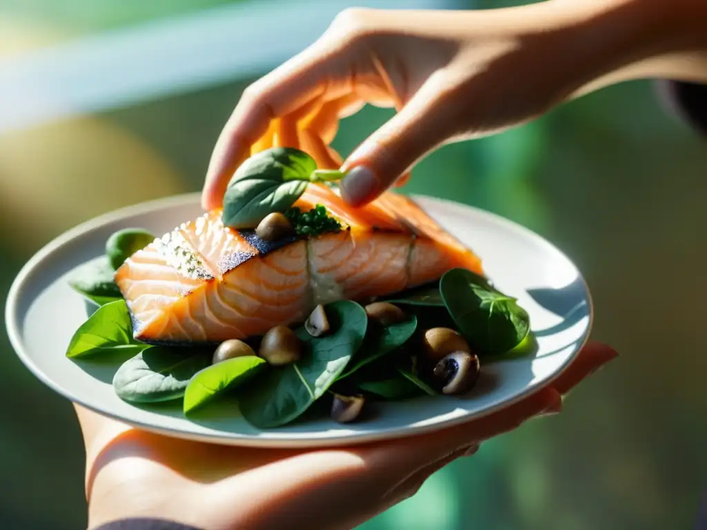 Mano de mujer sosteniendo plato de salmón, espinacas y champiñones, ricos en vitamina D, bañados por la cálida luz del sol