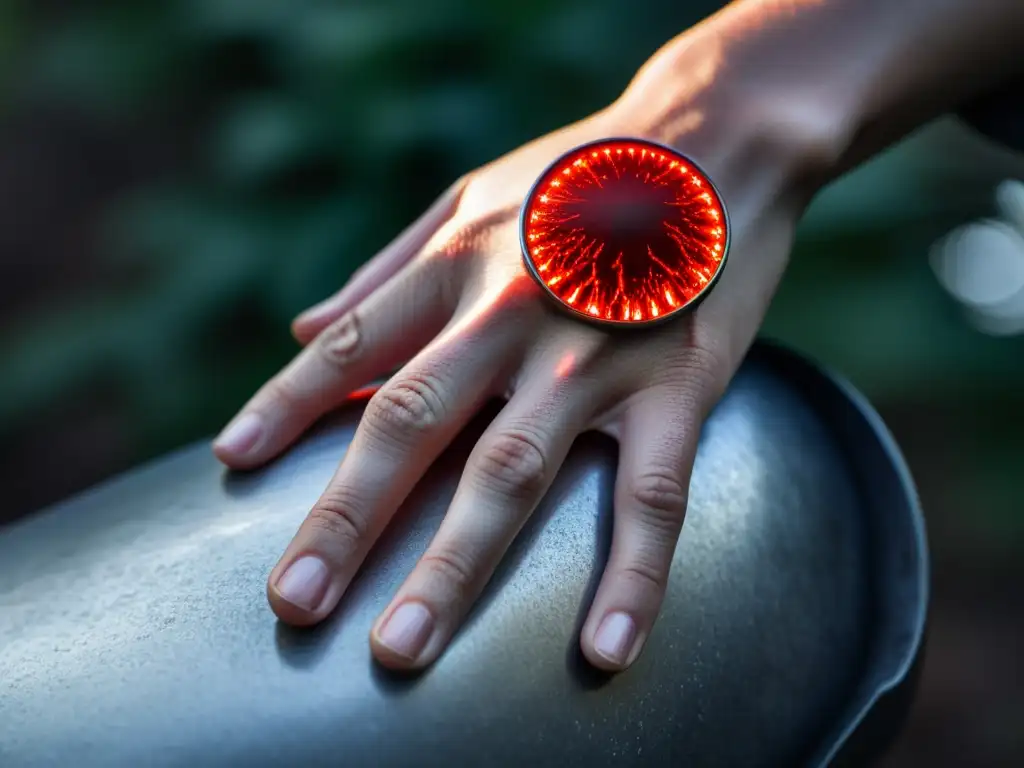 Mano con piel inflamada alrededor de un anillo metálico, ilustrando la relación entre alergias a metales pesados y contaminación ambiental