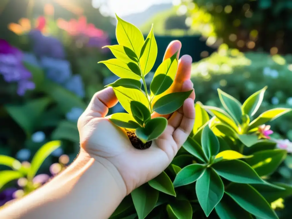 Una mano sostiene una planta verde brillante en un jardín sereno