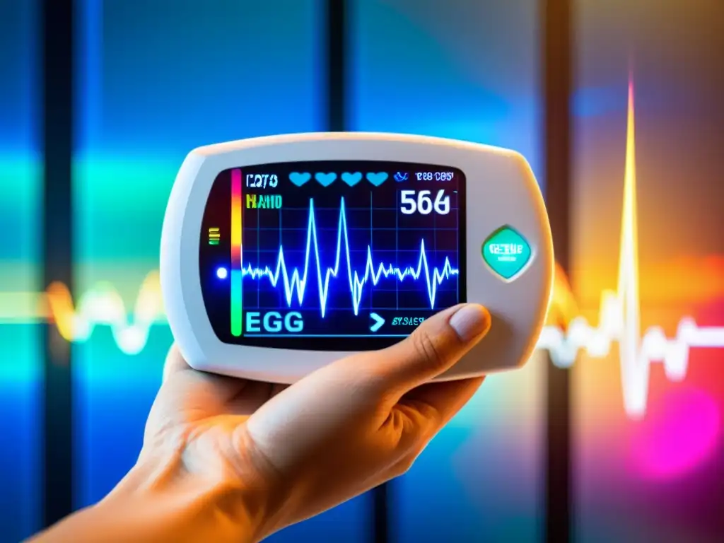 Mano sostiene ECG portátil en centro médico futurista, mostrando lectura detallada