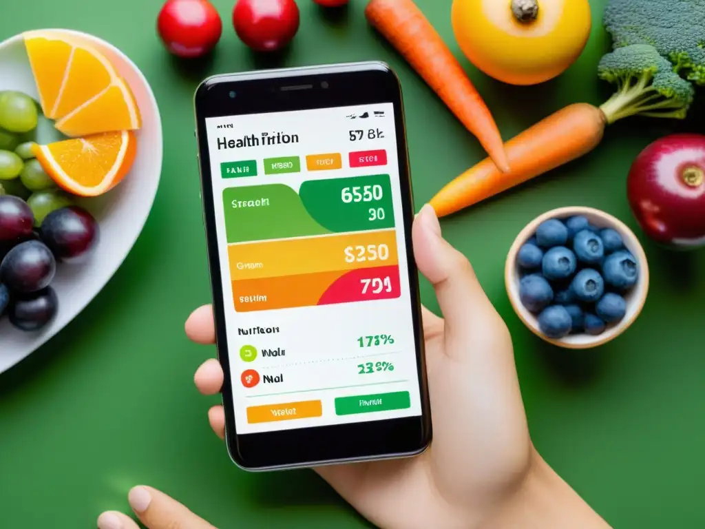 Una mano sostiene un smartphone con una app de salud y nutrición, mostrando imágenes vibrantes de frutas, verduras y datos nutricionales