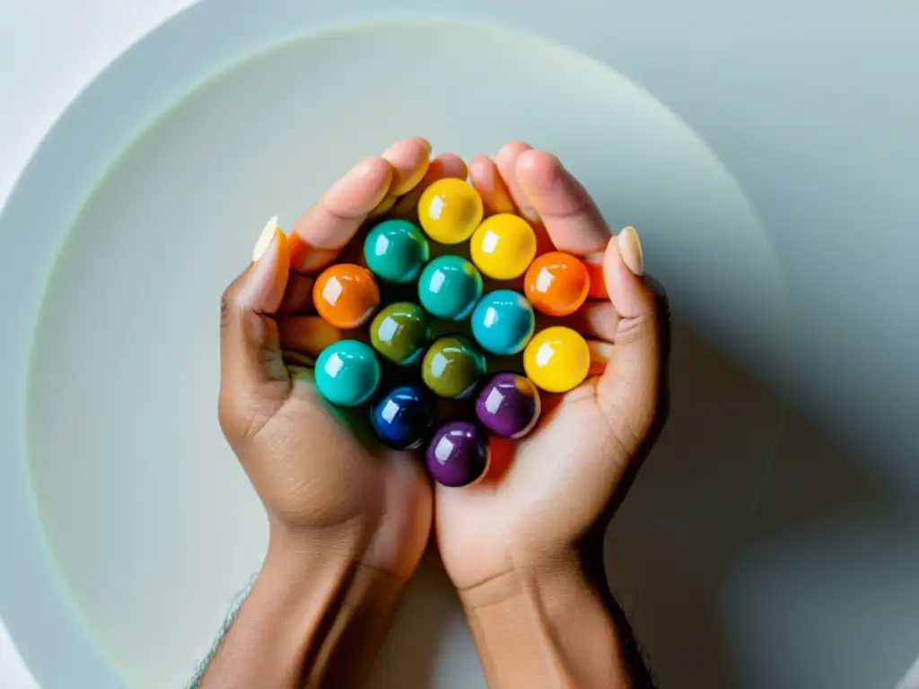 Una mano sostiene suplementos coloridos para inmunidad y salud mental, organizados en una elegante superficie blanca