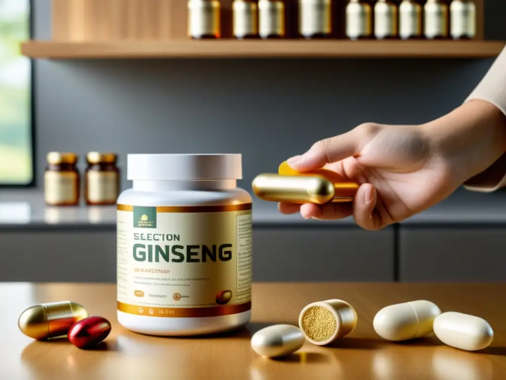 Mano sostiene suplementos de ginseng para sistema inmunológico en moderna cocina iluminada por el sol, creando atmósfera cálida y acogedora