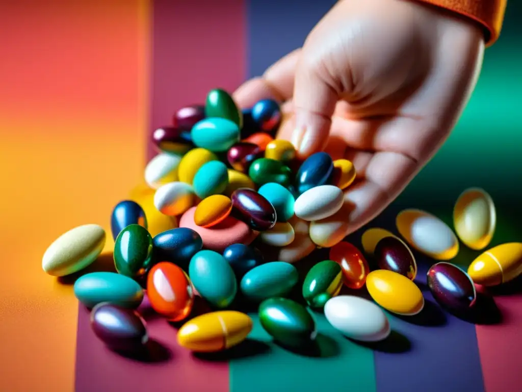 Una mano sostiene suplementos multivitamínicos para inmunidad, con colores vibrantes y detalles intrincados